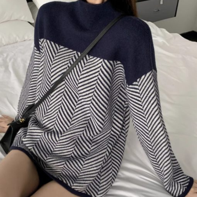 Selena™ - Chevron Pattern High-Neck Sweater