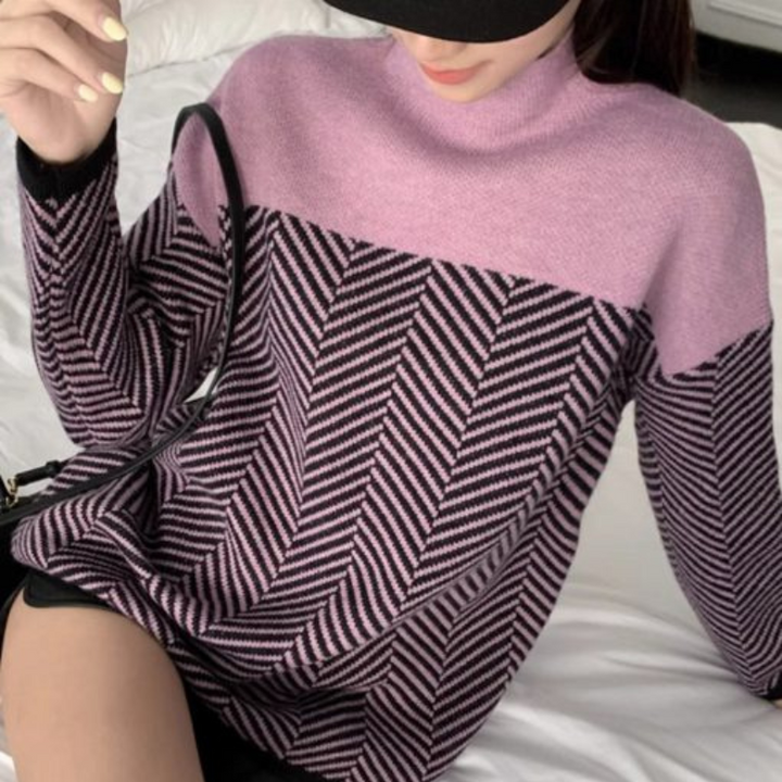 Selena™ - Chevron Pattern High-Neck Sweater