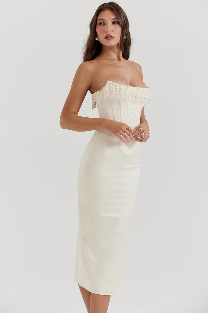 Olivia - Strapless Pearl Midi Dress